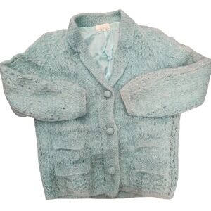 50s Silk/Mohair Cardi Sweater Jacket Blue Fuzzy Open many flaws‎